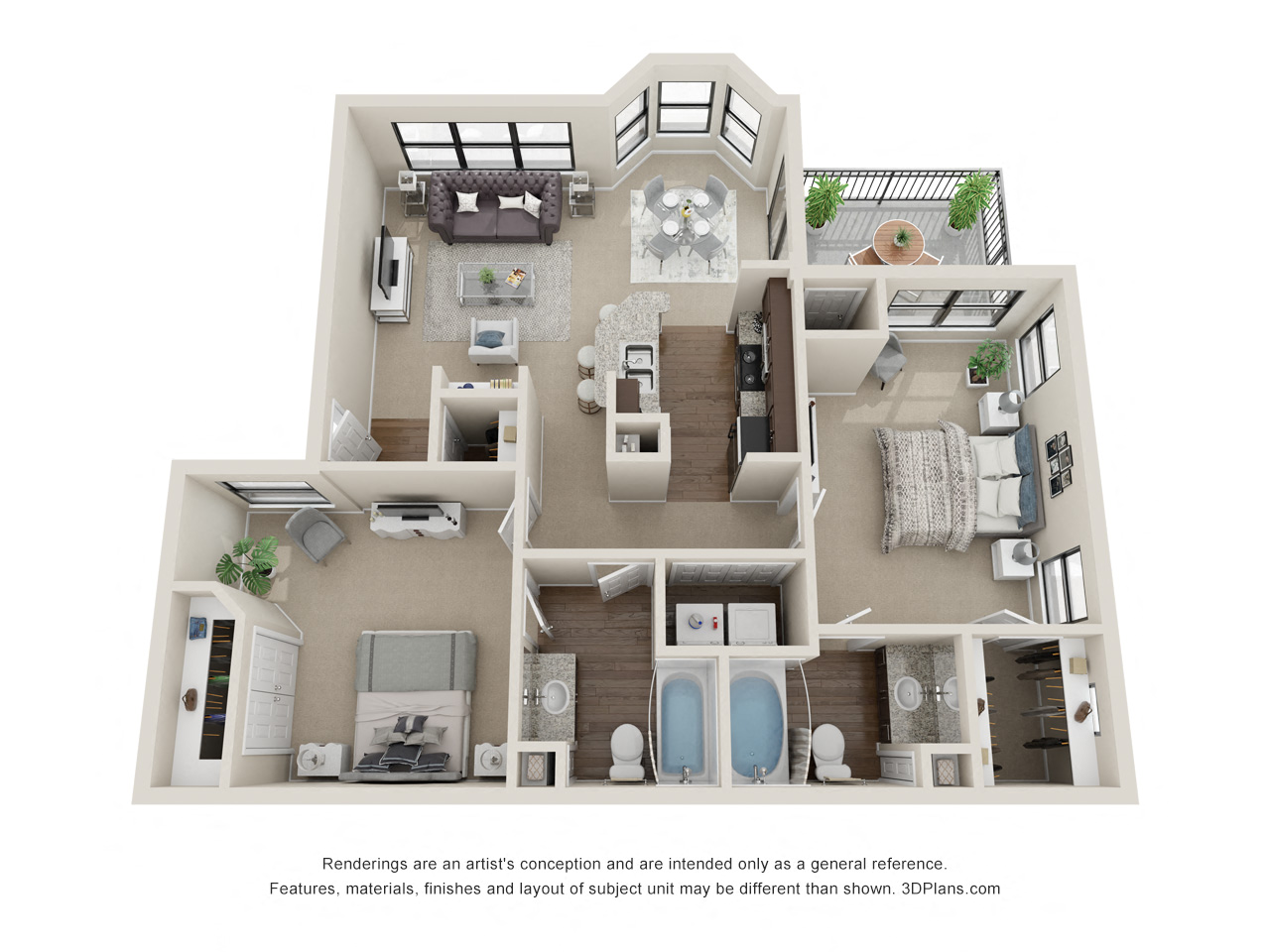 Floor plan for 2 beds, 2 baths, 965 sqft